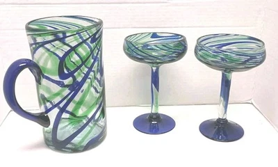 Conjunto de jarros e copos de margarita de vidro redemoinho azul e verde soprado à mão - Imagem 1 de 4