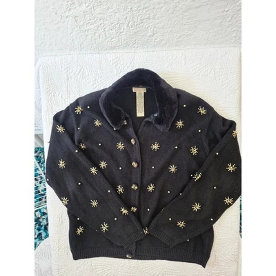Cárdigan Suéter Vintage Yarnworks Negro Con Cuentas Estrella Cuello Imitación Piel Grande Foto 1 de 4