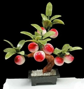 Jade Peach Bonsai Decor Hardstone Gemstone Fruit Tree Feng Shui Prosperity - Picture 1 of 2