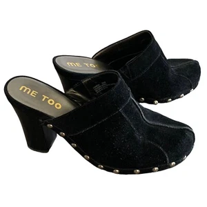 ME TOO Black Suede Leather Studded Platform Heeled Women's Clogs Mules Size 8M - Picture 1 of 9