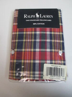 Ralph Lauren MADRAS Bright Red Plaid Checked 2 Standard Pillowcases With Buttons - Image 1 of 4