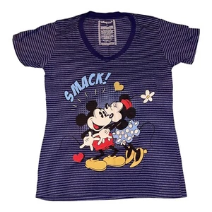 Disney Store Tee Top Shirt Womens Mickey Minnie Mouse Smack Kiss Striped Blue M - Picture 1 of 6