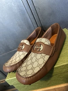 Mocasines Gucci Para Hombres Entrelazados GG Monograma Cuero Marrón Talla 14 UK/15US - Imagen 1 de 15