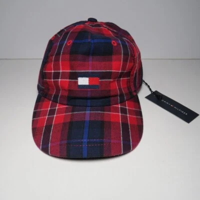 Boné Tommy Hilfiger vermelho e azul xadrez alça traseira tamanho 4 - 7 novo - Imagem 1 de 4