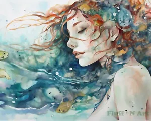 Mermaid Under Water Hair Flowing Abstract AI Print 8x10 100% Cotton Paper M1 - Picture 1 of 5