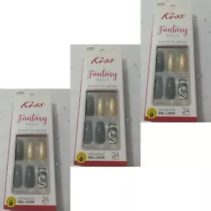 Kiss Fantasy Uñas Ataúd Largo Negro Tie Dye Dorado Brillo 24 Uñas (Lote de 3) - Imagen 1 de 2