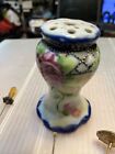 Antique 4” Hat Pin Holder Bead Work & Pink Roses Trimmed Blue w/hat pins