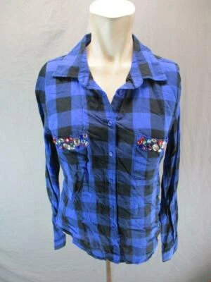 Camisa Top Bongo Talla L Para Mujer Azul A Cuadros Manga Larga Algodón Abotonada 6G927 Foto 1 de 4