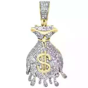 14K Yellow Gold Plated Mens Diamond Money Bag Drip Pendant 1.5" Pave Lab Created - Picture 1 of 6