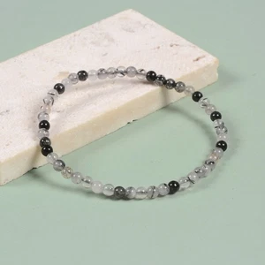 W79112 4mm Black Rutilated Quartz Round Beads Stretchable Bracelet 6.5" - Picture 1 of 2