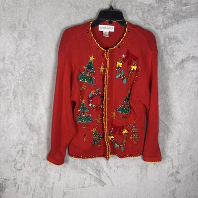 Suéter Victoria Harbour Mujer Mediano Navidad Cárdigan Árboles Corona Cuentas Foto 1 de 4