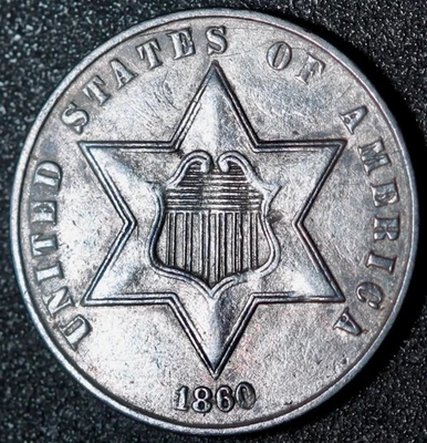 1860 THREE 3 CENT SILVER TRIME - Image 1 of 2