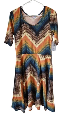 Lularoe ретро шеврон большой Николь с карманами зигзаг оранжевый коричневый желтовато-коричневый бирюзовый новый! - Изображение 1 из 4