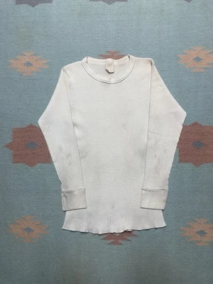 Vintage 70s waffle knit thermal shirt base layer blank white worn stained small - Image 1 of 4