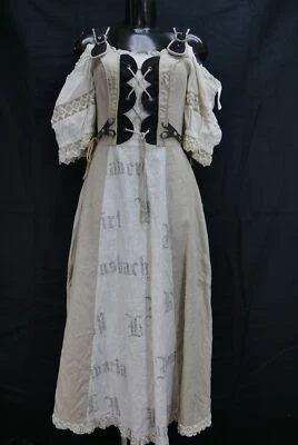 Landhauskleid Leinen Lederbesatz Häkelspitze und Schnürung Sackleinen Look Gr.34 - Bild 1 von 4
