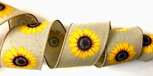 Sunflower 2.5" by 5 yd Natural Wire Ribbon Fall Country All Purpose Theme Bows - Picture 1 of 8