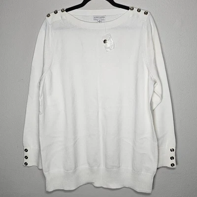 NUEVO Suéter Susan Graver Para Mujer 1X Crew Detalle Botón Dorado Marfil Tejido Otoño Foto 1 de 4