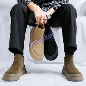 Men's Faux Leather Ankle Boots Shoes Round Toe Slip on Breathable Retro - Picture 1 of 21
