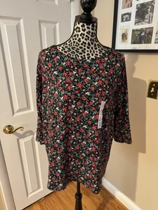 Croft & Barrow Black Vintage Floral Sz 1X knit top boat neck 3/4 sleeve New - Picture 1 of 10