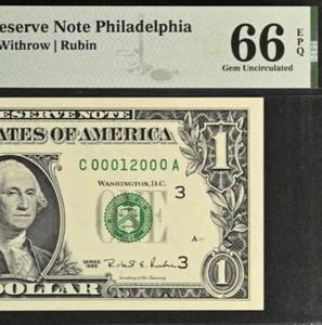 1995 $1 Federal Reserve Note PMG 66EPQ - Birthday Low Serial Number 00012000 - Picture 1 of 3