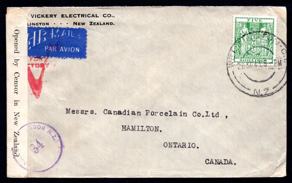 NUEVA ZELANDA CANADÁ 1941 CUBIERTA TIEMPO DE GUERRA CON MARCA CENSURADA Y ETIQUETA FRANQUEADA Foto 1 de 2