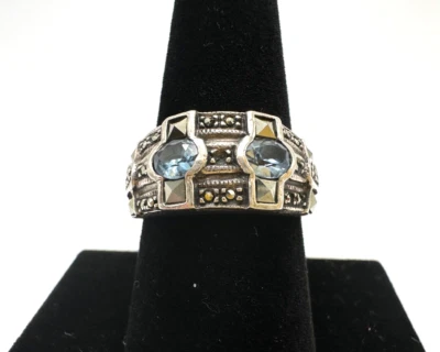 VTG Silver Blue Topaz Marcasite Ring 925 Band SZ 8.5 Cocktail Statement *READ - Image 1 of 4