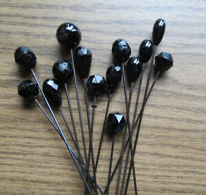 14 ANTIQUE HAT PINS WITH BLACK GLASS TOPS