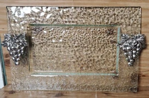 KIRKLAND'S EMBLEM GLASS SERVING TRAY W/Silver Grapes - Picture 1 of 10