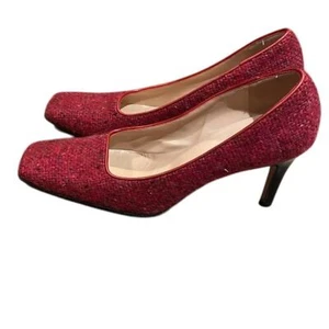 Kate Spade Pink Red Tweed Square Toe Heels Pumps Shoes Womens Size 8.5B Italy - Picture 1 of 13