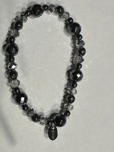 Pulsera Tocara - Acero Inoxidable CN - Cristal Elástico Cuentas Brillante Negro Tono Plata - Imagen 1 de 6