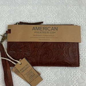 American Leather Co Leather floral embossed essential power wristlet pouch NWT - Picture 1 of 14