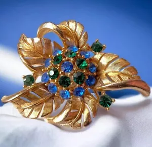 Spilla fiore strass verde blu tono oro firmata Lisner anni 50 vintage - Foto 1 di 8