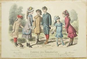 GRAVURE MODE XIXéme COSTUMES ENFANT AU JARDIN JOUET JOURNAL DES DEMOISELLES 1880