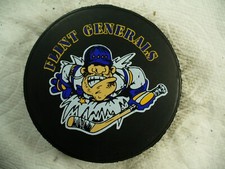 UHL CoHL Flint Generals Die Cut Eagle Eye Ad Reverse Hockey Puck Collect Pucks