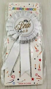 BRIDE TO BE Bachelorette Party Rosette Badge Button Brooch - White & Silver 