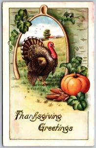 Vtg Thanksgiving Greeting Farm View Turkey Pumpkin Wishbone 1910s Old Postcard - Picture 1 of 2