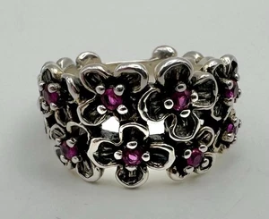 Anillo Paz Plata Esterlina Flores Rubí Banda Talla 6 - Imagen 1 de 6