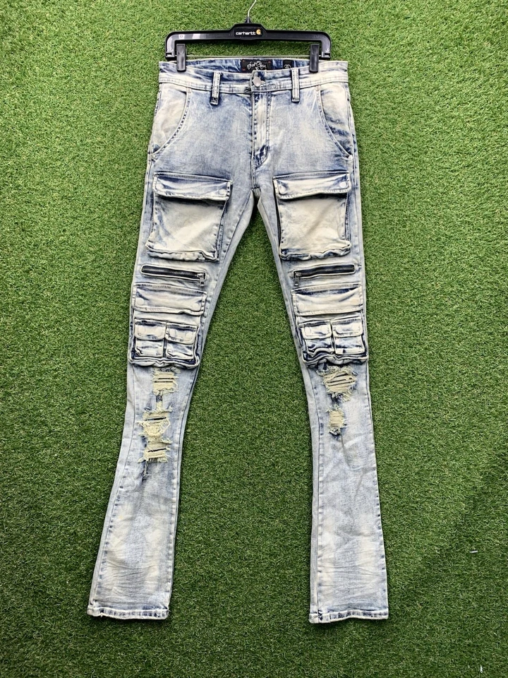 Jeans masculino empilhado Frost Adidas 30x38 angustiado slim perna fray azul lavagem clara - Imagem 1 de 4