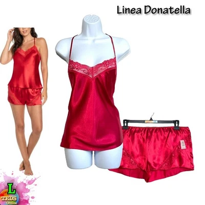 Nuevo con etiquetas Conjunto de pijama Linea Donatella L de encaje satinado cami y pantalones cortos RYL041 carmesí Foto 1 de 4