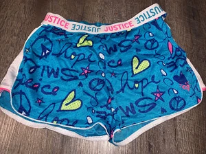 Justice Girl's Size 12 Fold-over Mesh Shorts Blue Pink Logo Vguc - Picture 1 of 3