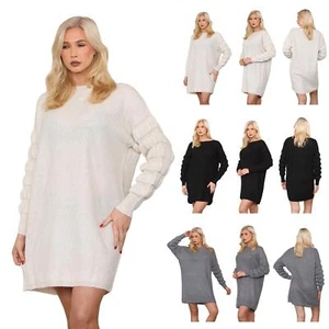 Womens Ladies Oversized Ribbed Chunky Knitted Plain Baggy Mini Jumper Dress - Picture 1 of 10