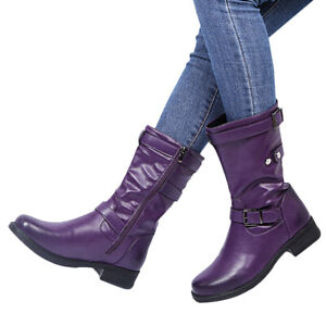 Womens Retro Round Toe Chunky Heels Buckle Strap Mid Calf Boots Motorcycle Shoes