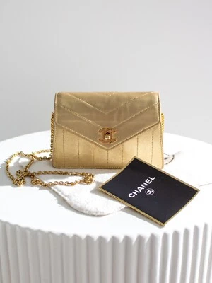 Chanel Vintage 1980s Mini Trapezoid Gold Metallic Lambskin Leather Chain Bag - Image 1 of 4