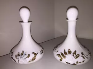 2 White Milk Glass Perfume Bottles w/Stoppers Gold & Green Floral *not matching* - Picture 1 of 6