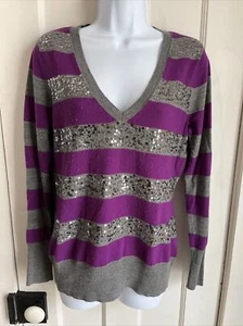NEW YORK & COMPANY Size M Sequined Gray Purple Stripe V-neck Sweater Tight Fit - Picture 1 of 5