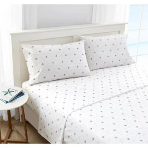 Twin size Coastal Beach Starfish White Navy Red 100-Percent Cotton Sheet Set - Picture 1 of 2