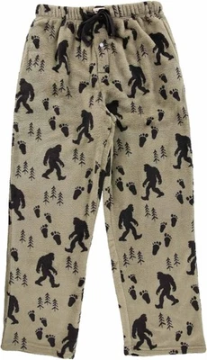 Bigfoot Pajama Pants Drawstring Waist Beige Sasquatch Print Fleece Lounge  - Image 1 of 4