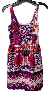 Trina Turk Retro Kleid Gr. 0 kräftige Flower Power rot und lila seitlicher Reißverschluss - Bild 1 von 10