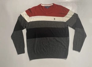 GOOD- Mens Size L US Polo Assn. Long Sleeve V-Neck Sweater Acrylic Red White - Picture 1 of 8