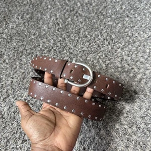 Calvin Klein Studded Leather Belt Bohemian Boho Size Large Brown Silver Hardware - Picture 1 of 5